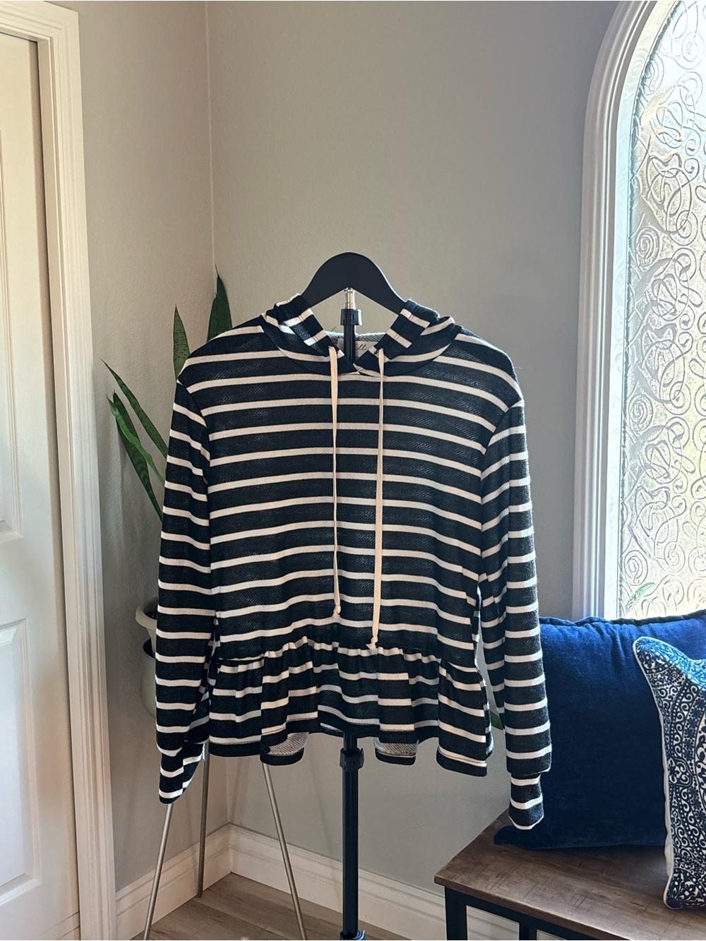 Striped Black and White Hoodie Peplum Sweatshirt